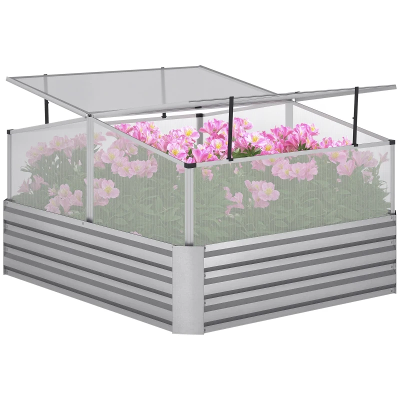 Outsunny Jardinière lit surélevé double toit ouvrable panneaux polycarbonate 126 x 107 x 57,5/67,5 cm