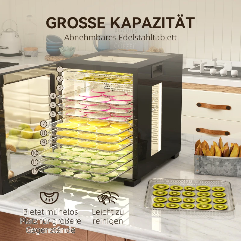 HOMCOM Dörrautomat Dörrgerät, 850 W, 40-70°C Temperaturregler, 48 Std. Timer, 12 Einlegefächer Edelstahl Schwarz(m-4)