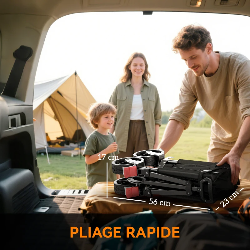 Outsunny Chariot de jardin pliable 150 L, chariot de transport de plage poignée réglable poches latérales 85 x 50 x 90 cm noir