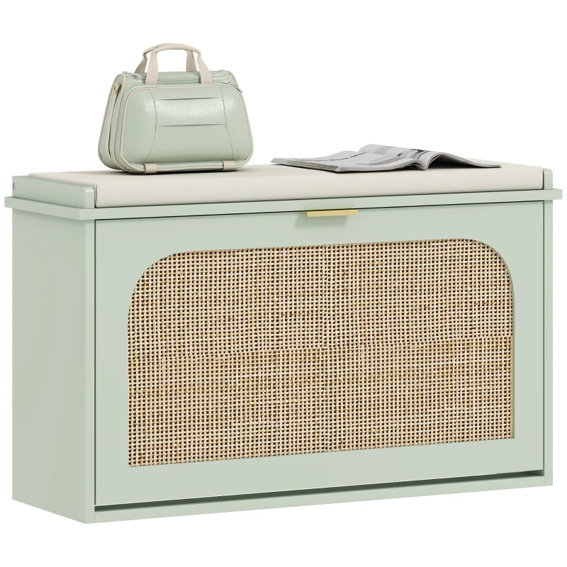 HOMCOM Boho Shoe Bench with Padded Seat and Flip-Drawer - Light Green