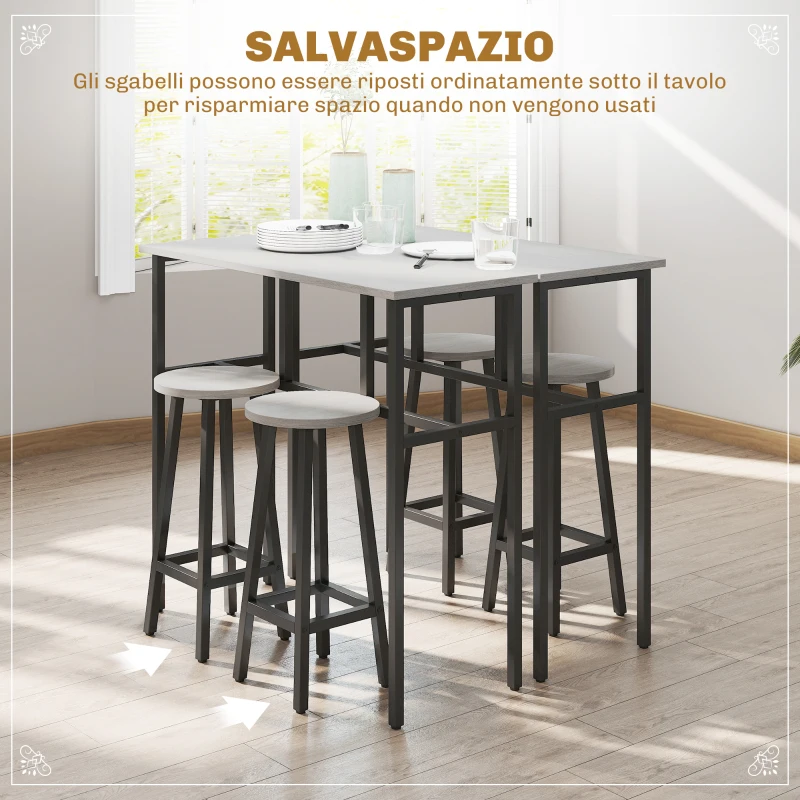 HOMCOM Set da Bar 6 Pezzi con 4 Sgabelli da Bar e 2 Tavoli Alti in Legno Truciolato e Acciaio per Cucina e Soggiorno, Grigio
