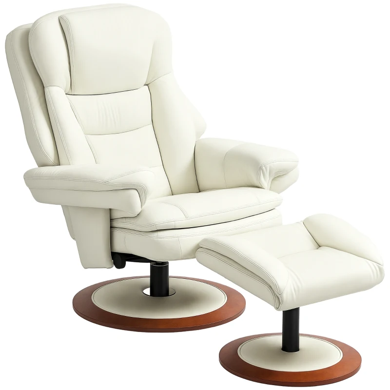 HOMCOM Relaxsessel mit Hocker, Liegefunktion, Drehbarer TV-Sessel mit Holzsockel, bis 150 kg belastbar, Kunstleder, Cremeweiß(m-10)