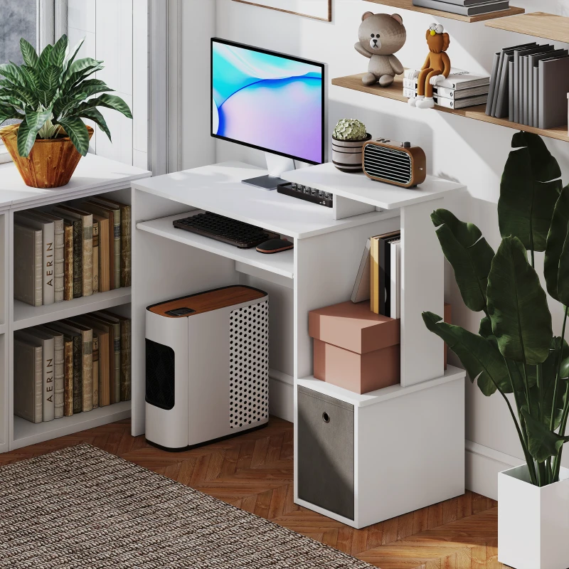 HOMCOM Scrivania Moderna per PC con Mensola Porta Tastiera, Ripiano e Cassetto in Tessuto, in Legno, 100x40x86.6cm, Bianco