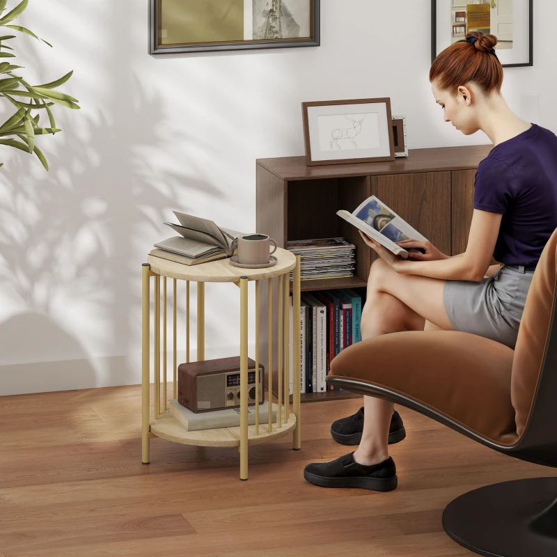 HOMCOM Table d'appoint, bout de canapé à 2 niveaux avec étagère de rangement et cadre en acier, Ø 41 x 49 cm effet bois naturel