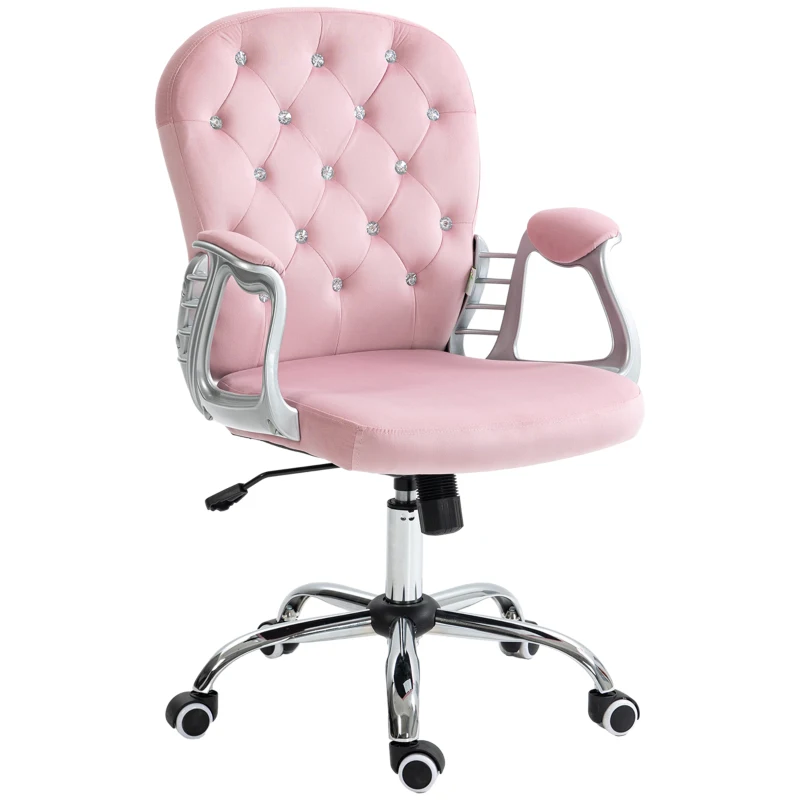 Vinsetto Silla de Escritorio de Terciopelo con Altura Ajustable Reposabrazos y Decoraciones de Diamantes 59,5x60,5x93-103 cm Rosa