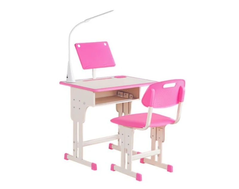 HOMCOM Banchetto per Bambini 6-12 Anni ad Altezza Regolabile con Lampada LED, Leggio e Mensola, Set Banco con Sedia per Bambini in PP, Acciaio e MDF, Rosa