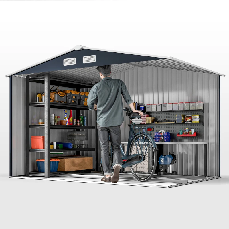 Outsunny 9 x 6FT Metal Shed Roofed Garden Shed Outdoor Storage Shed with Foundation Ventilation & Doors, Dark Grey(m-8)