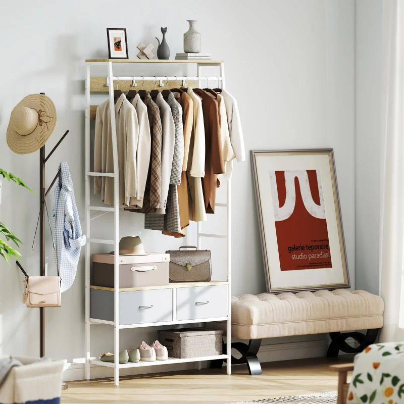 HOMCOM Móvel Cabide de Entrada com Banco Sapateira 8 Ganchos 2 Gavetas de Tecido Barra Prateleira 80x30x180,5 cm Branco e Madeira