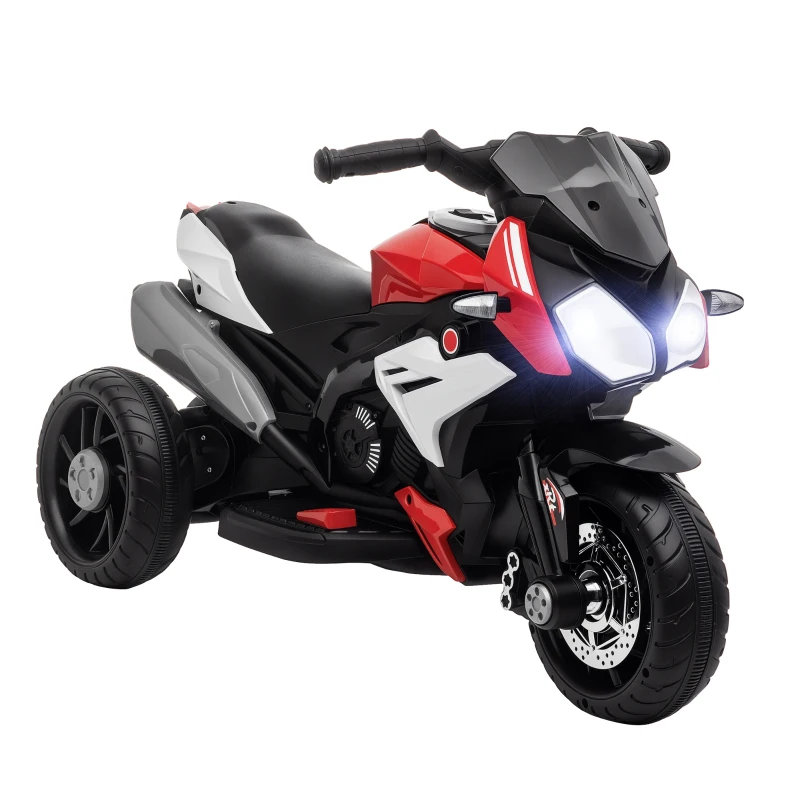 HOMCOM Moto Eléctrica Infantil con 3 Ruedas Trimoto para Niños de +3 Años con Batería 6V Recargable Funciones de Música Bocina Faros 86x42x52 cm Negro y Rojo
