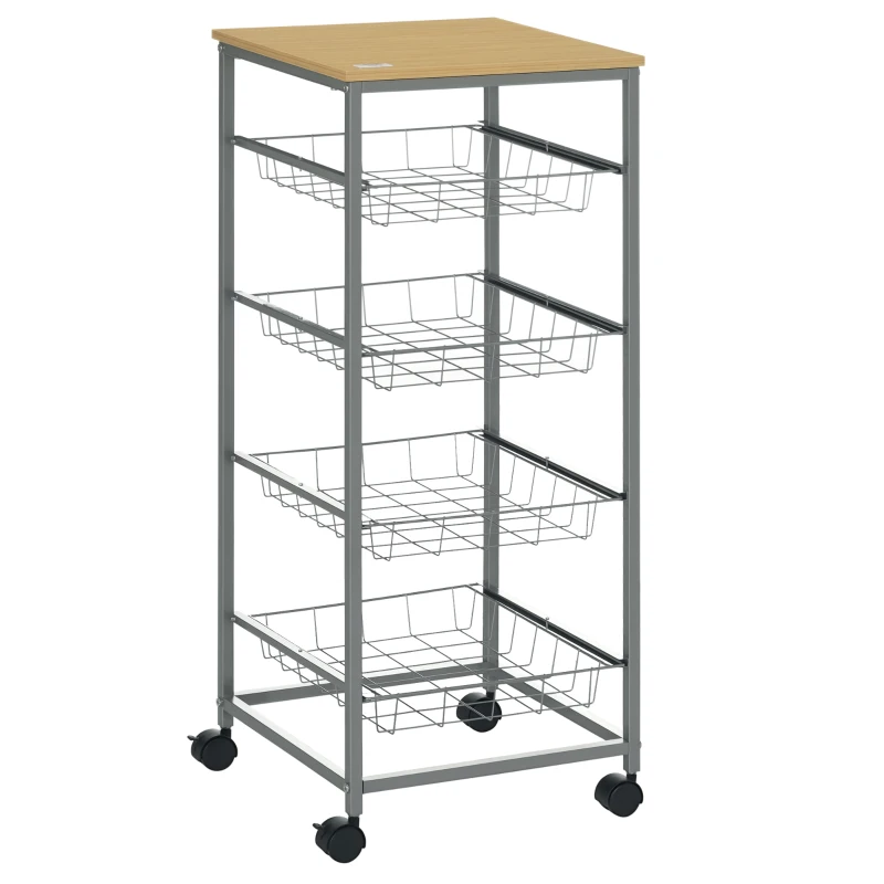 HOMCOM Carrello da Cucina Salvaspazio con 4 Cesti Estraibili in Legno e Acciaio, 36.5x36.5x89 cm, Argento e color Legno