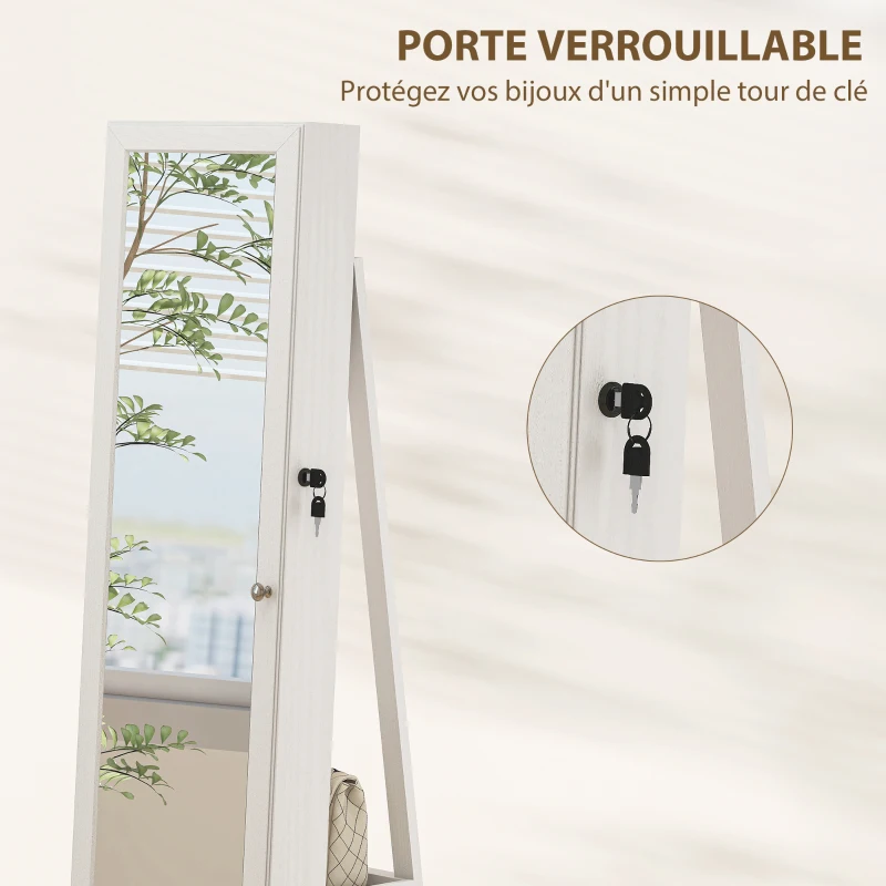 HOMCOM Armoire à Bijoux pivotante verrouillable boîte à bijoux avec Miroir - Armoire Bijoux Multi-Rangement - en Bois Blanc
