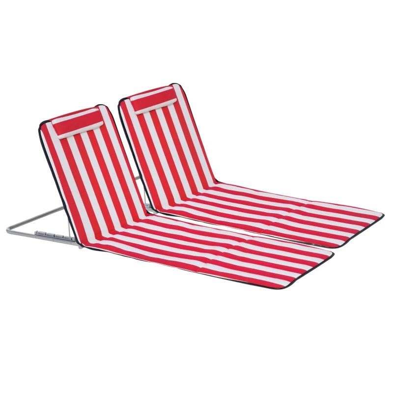 Outsunny Set 2 Șezlonguri de Plajă cu Spătar Reglabil în 5 Poziții, Tetieră și Geantă de Transport, 124x53x45 cm, Roșu