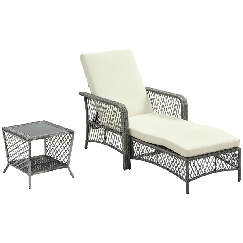 Outsunny Set Lettino Prendisole e Tavolino in Rattan PE, Sdraio da Giardino Regolabile su 5 Posizioni e Tavolino a 2 Ripiani, Bianco Crema