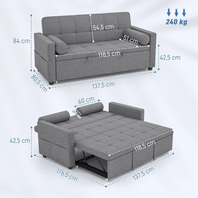HOMCOM Schlafsofa 2-Sitzer 3-in-1 Schlafcouch mit Doppelbett verstellbarer Rückenlehne 2 Kissen 151x137,5x84cm Grau