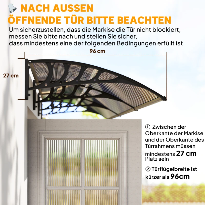 Outsunny Vordach für Haustür/Fenster, wetterfest, Braun, Aluminium/Polycarbonat, 303x96x27cm, Schwarz