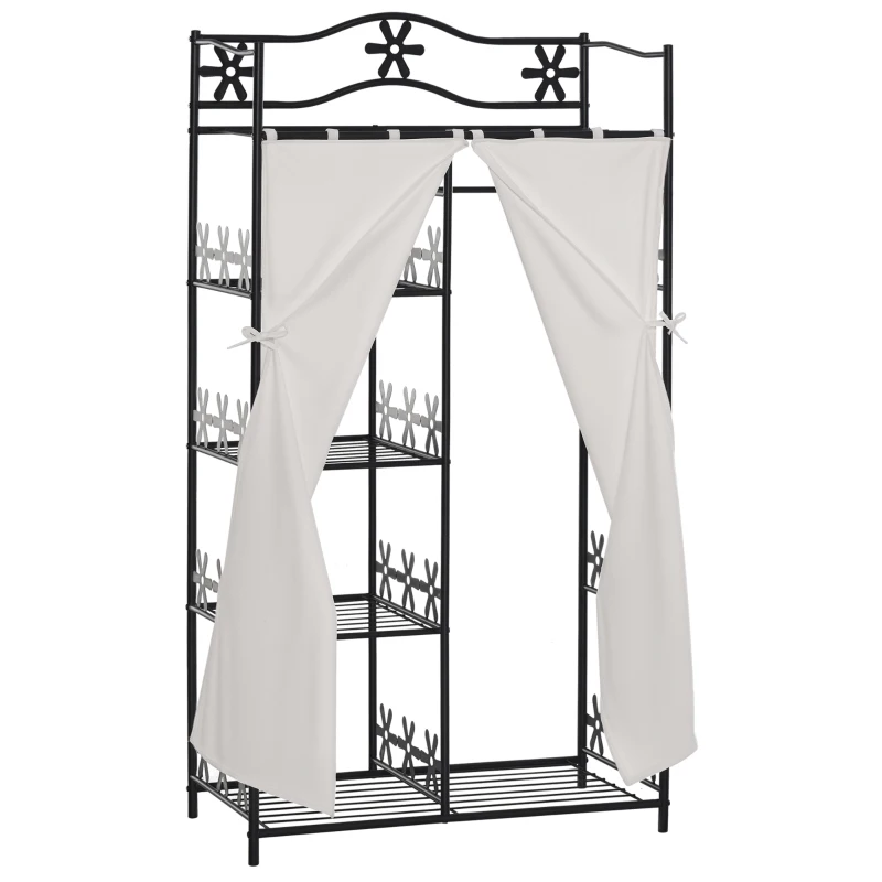 HOMCOM Armadio Guardaroba Appendiabiti con 5 Ripiani e 2 Tende, 84 x 42 x 158.5cm, in Metallo Nero con Decori a Fiori
