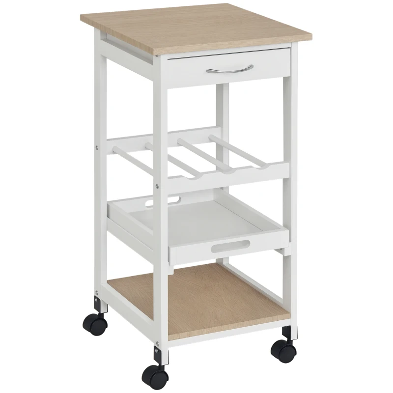 HOMCOM Carrito de Cocina Carro de Servicio Multifuncional de 4 Niveles con Ruedas Cajón Estantes y Botellero 37x37x76 cm Blanco