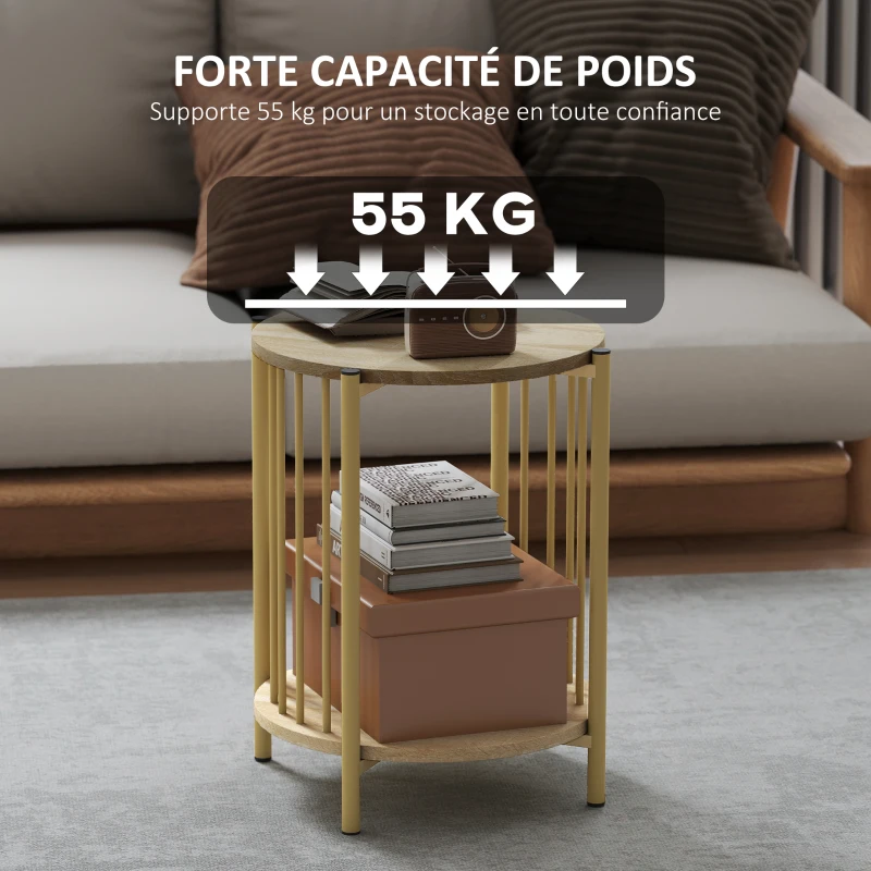 HOMCOM Table d'appoint, bout de canapé à 2 niveaux avec étagère de rangement et cadre en acier, Ø 41 x 49 cm effet bois naturel