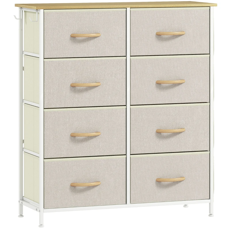 HOMCOM Cajonera de Tela Cómoda con 8 Cajones 4 Bolsillos Laterales 2 Ganchos y Estructura de Acero Beige