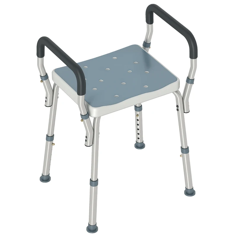 HOMCOM Sgabello per Doccia Regolabile con Braccioli e Fori di Drenaggio, in Alluminio, HDPE e EVA, 52x45x57-69 cm