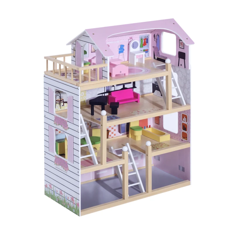 HOMCOM Casa delle Bambole per Bambini 3+ Anni in Legno di Pino e MDF a 4 Piani con 13 Accessori, Rosa, 60x30x80 cm