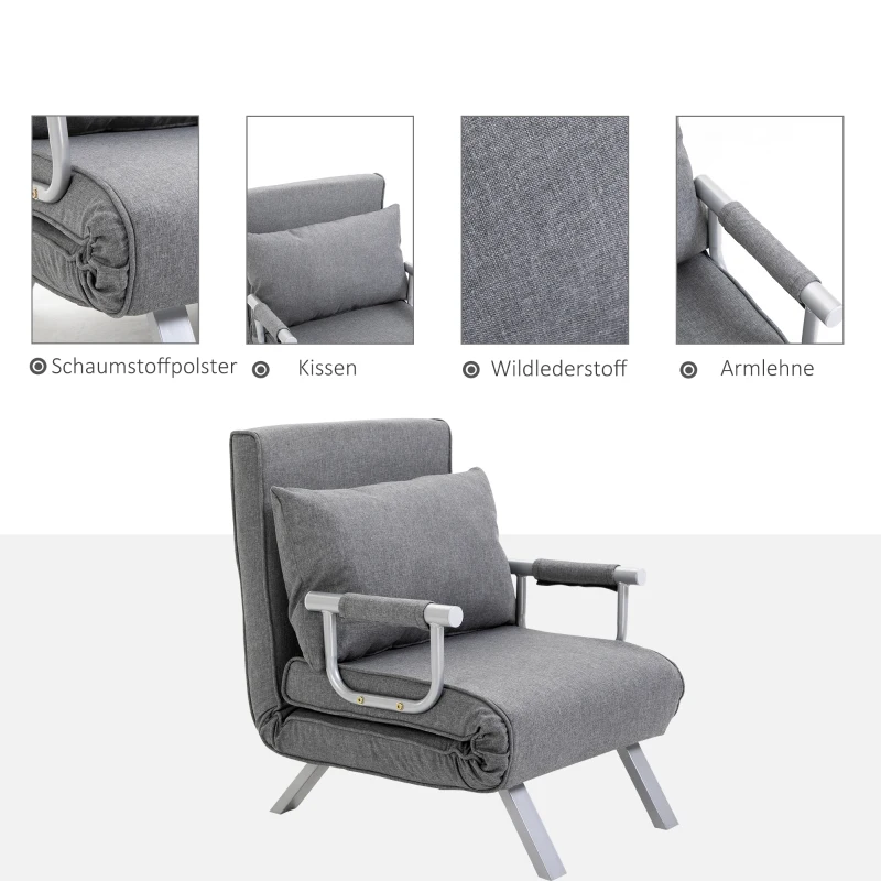HOMCOM Relaxsessel Liegesessel Sessel, Liegefunktion, Gästebett, 65 cm x 69 cm x 80 cm, Grau(m-6)