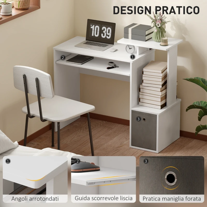 HOMCOM Scrivania Moderna per PC con Mensola Porta Tastiera, Ripiano e Cassetto in Tessuto, in Legno, 100x40x86.6cm, Bianco