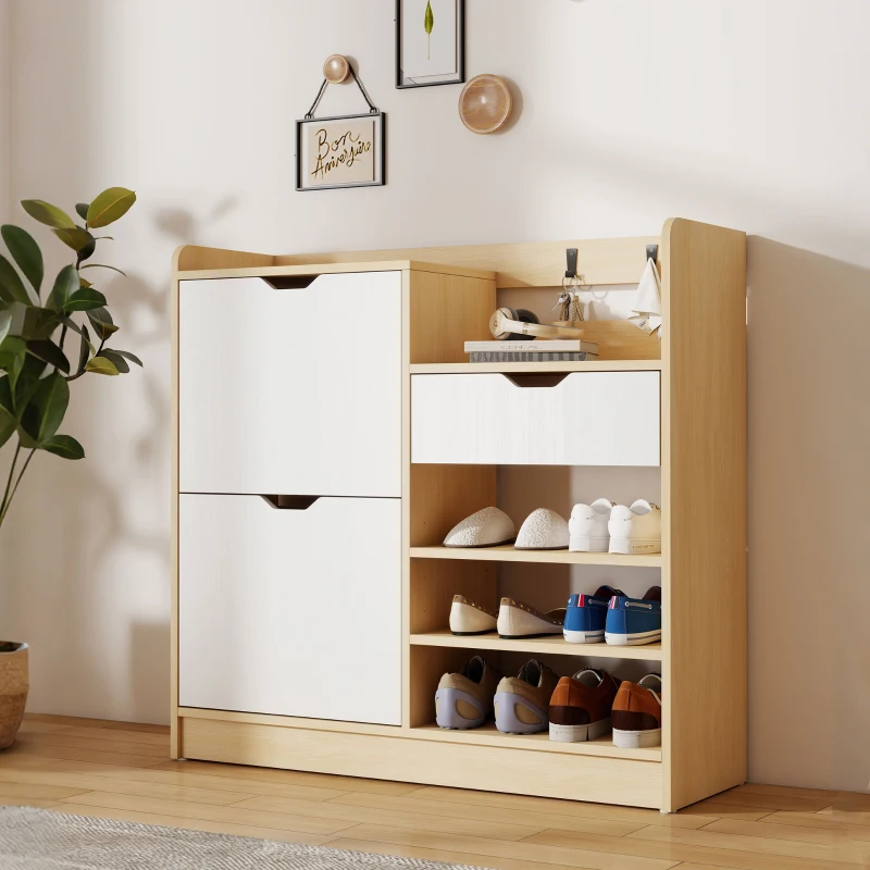 HOMCOM Schoenenrek voor hal, schoenenkast met klapladen, open planken, 4 haken, voor tot 14 paar schoenen, Wit(m-9)