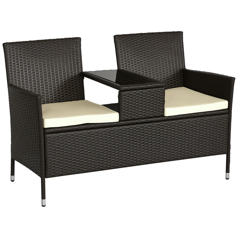 Outsunny Banc de jardin design contemporain 133L x 63l x 84H cm banc double chaise avec coussins assise + tablette intégrée résine tressée chocolat polyester crème