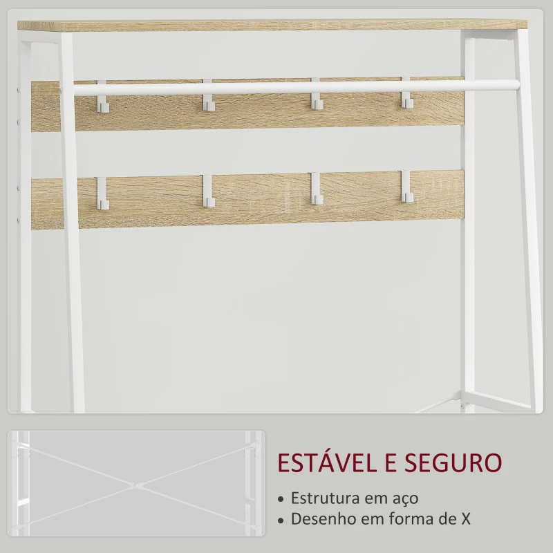 HOMCOM Móvel Cabide de Entrada com Banco Sapateira 8 Ganchos 2 Gavetas de Tecido Barra Prateleira 80x30x180,5 cm Branco e Madeira