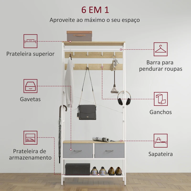 HOMCOM Móvel Cabide de Entrada com Banco Sapateira 8 Ganchos 2 Gavetas de Tecido Barra Prateleira 80x30x180,5 cm Branco e Madeira