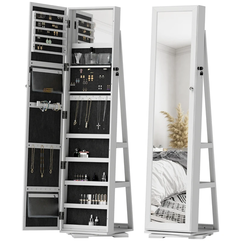 HOMCOM Specchio Portagioie Girevole per Camera da Letto con 2 Chiavi, in Legno Bianco e Vetro, 38x38x160 cm