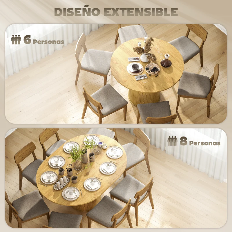 HOMCOM Mesa de Comedor Extensible Redonda para 6-8 Personas con Base Estriada para Salón 110-150x110x75 cm Madera Natural