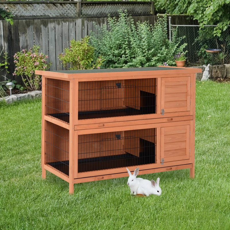 PawHut Conejera Madera de Exterior Jaula para Conejo Cobaya 2 Niveles Bandeja Extraíble Casa para Animal Pequeño 136.4x50x93cm