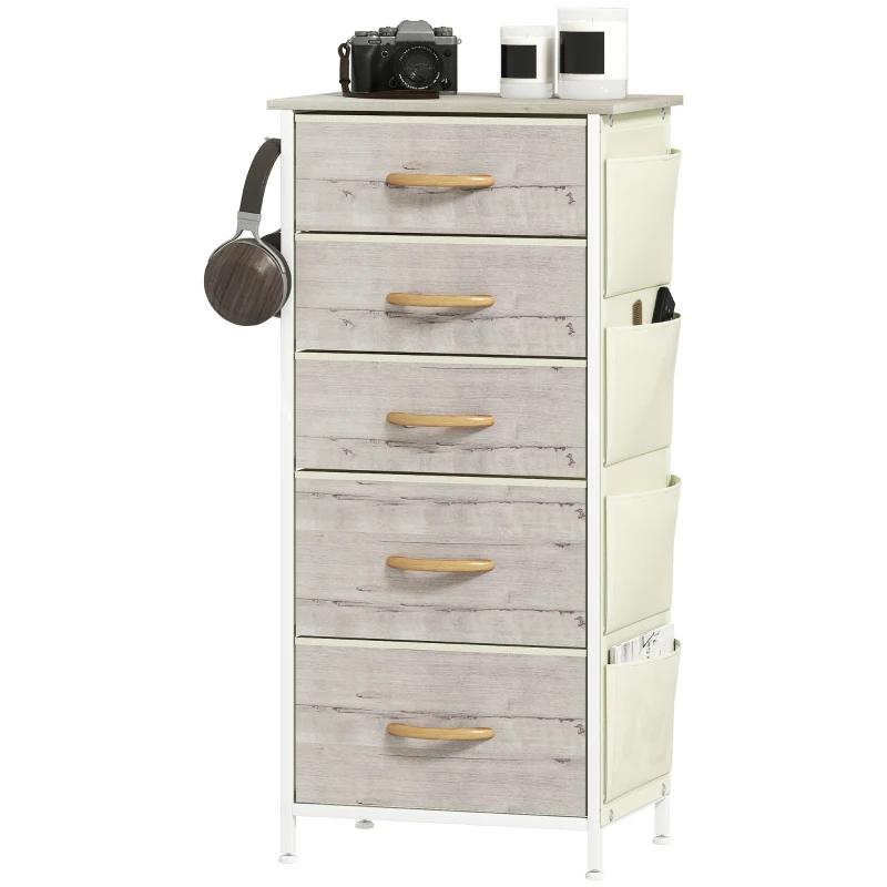 HOMCOM Chest of Five Fabric Drawers - Natural Wood Finish