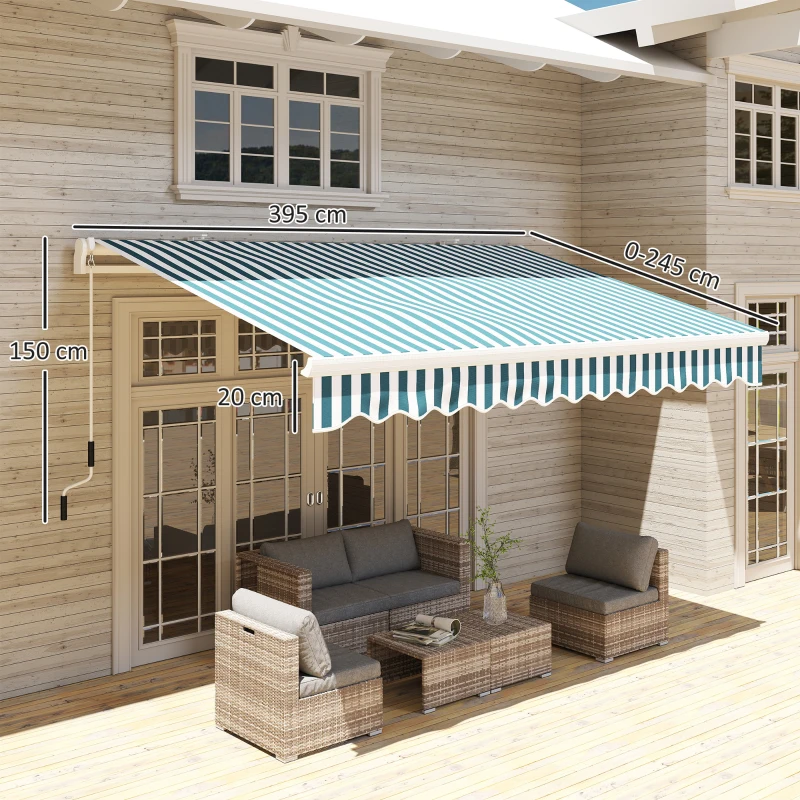 Outsunny Copertină Retractabilă cu Braț Pliabil și Protecție UV, 395x 245 cm, Verde și Alb