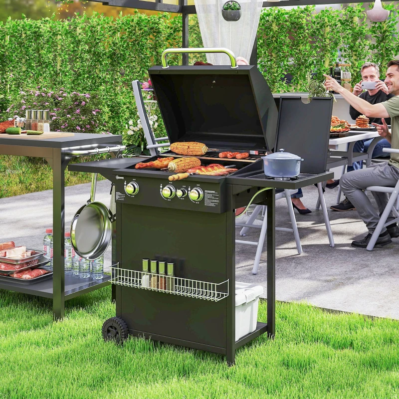 Outsunny Barbecue gaz 3+1 brûleurs en acier, puissance 9,5 kW, barbecue de jardin 2 grilles étagères latérales, 2 roues, noir