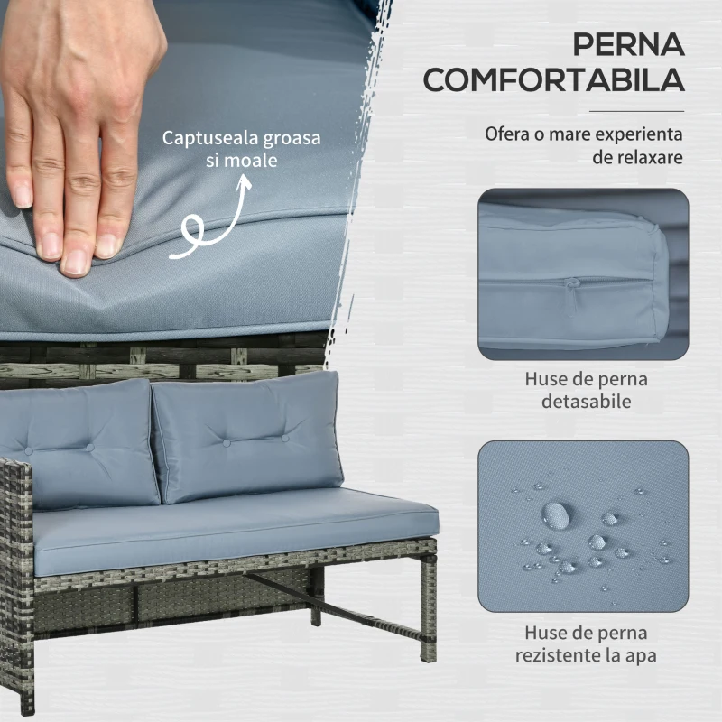 Outsunny Mobilier pentru gradina cu canapea 2 locuri, sezlong si masuta, set pentru gradina din ratan PE si geam cu perne, gri