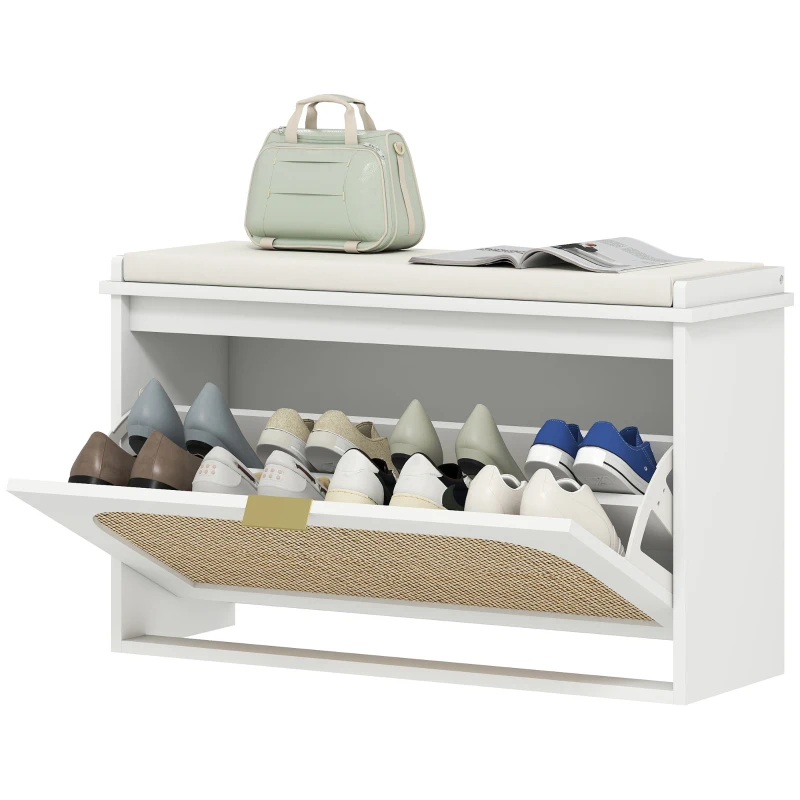 HOMCOM Banc à chaussures, banc de rangement, assise rembourrée, tiroir rabattable, porte en rotin, 80 x 26 x 47,5 cm, blanc