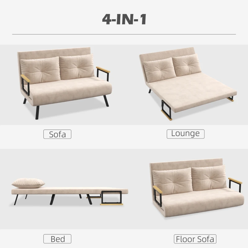 HOMCOM Slaapbank 2-zitsbank Fluweelbank, Slaapfunctie, incl. 2 kussens, Fluweel Optiek, Natuur + Beige + Zwart(m-4)