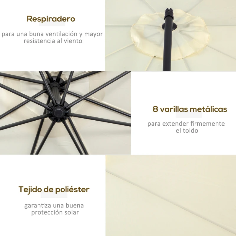 Outsunny Sombrilla de Jardín Ø300x250 cm Parasol Excéntrico Inclinable con Manivela Base Cruzada y Soporte de Metal 8 Varillas para Terraza Exterior Balcón Beige