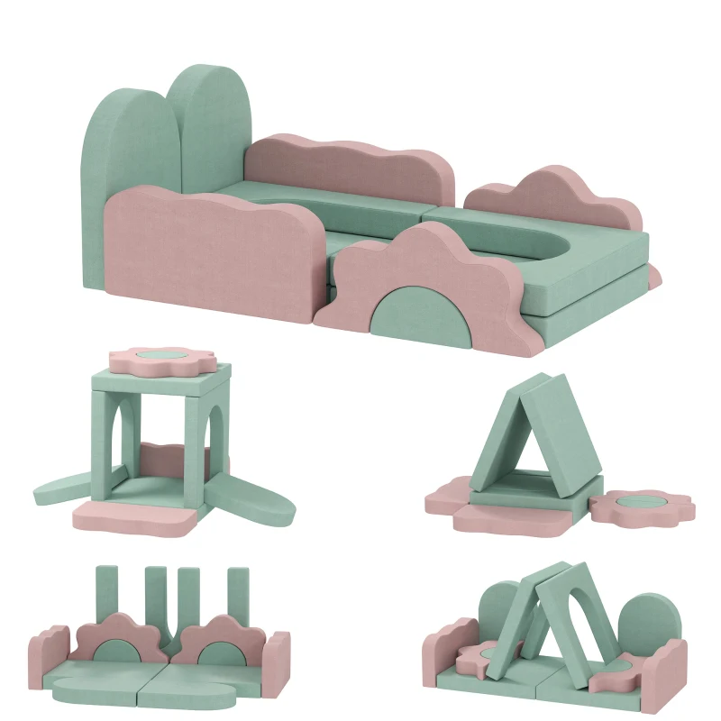 AIYAPLAY Conjunto de 12 bloques de espuma para trepar, construir, gatear, colchonetas de juego en interiores con diseño de cordón, Verde+Rosa
