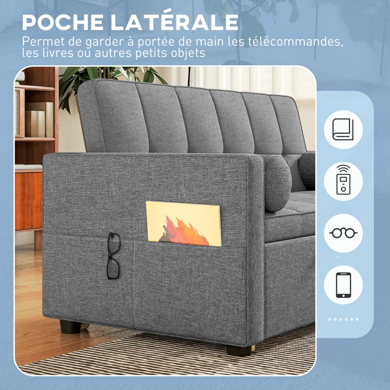 HOMCOM Canapé convertible 2 places 3 en 1 canapé-lit avec lit gigogne double dossier réglable 2 coussins 80,5x137,5x84cm gris