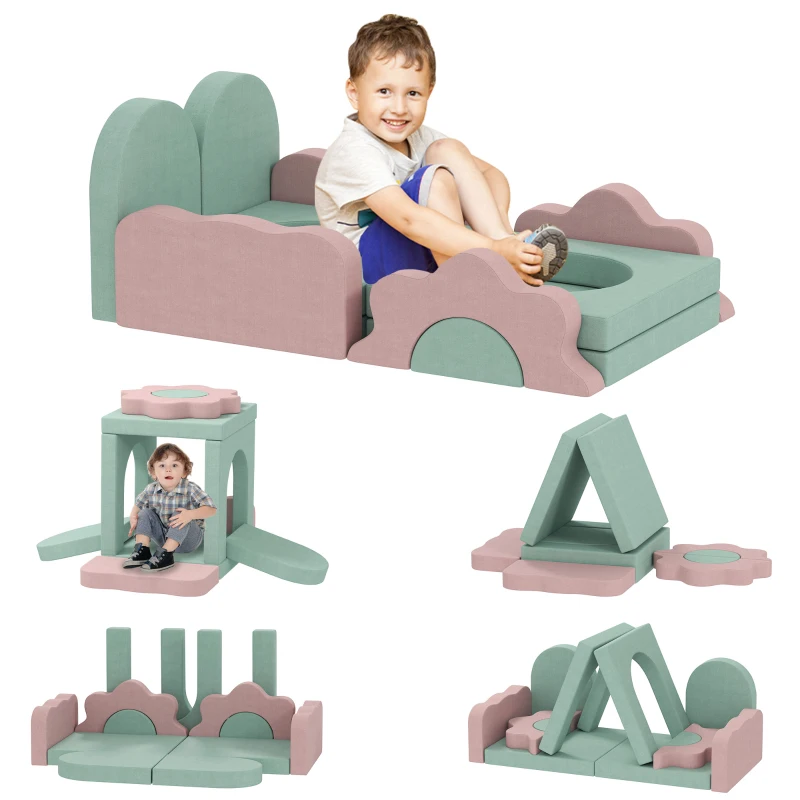 AIYAPLAY Set di 12 blocchi di schiuma per arrampicare, costruire, strisciare, tappetini da gioco interni con rivestimento in velluto, verde + rosa