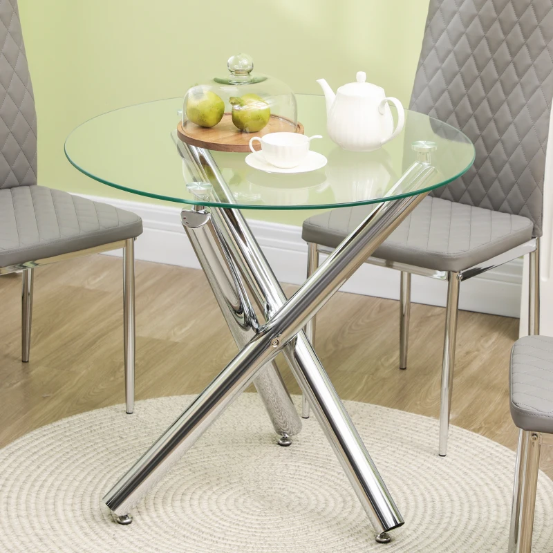 HOMCOM Eettafel, rond blad van gehard glas, randloos ontwerp, voor 2-4 personen, stalen poten, 80 x 80 x 74 cm