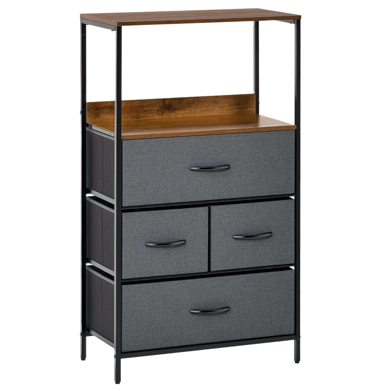 HOMCOM Cómoda com 4 Gavetas Dobráveis e Prateleira Aberta Cómoda com Gavetas de Tecido Anti-Tombo 58x29x103cm Marrom e Cinza