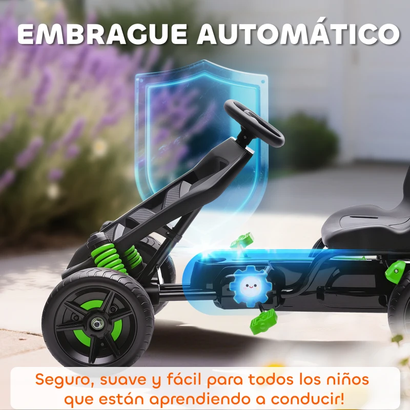 AIYAPLAY Kart Pedales para Niños de +3 Años con Embrague Automático Freno Ruedas Antideslizantes de EVA y Marco Metálico Verde