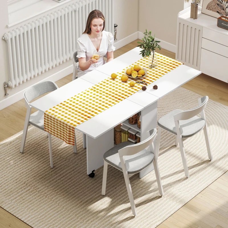 HOMCOM Mesa de Comedor Plegable Mesa de Madera con 2 Solapas 2 Estantes de Almacenaje y Ruedas para Cocina 80x140x74 cm Blanco