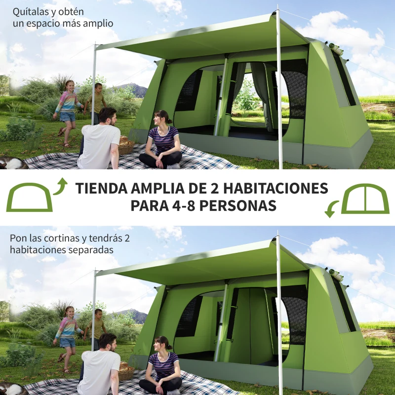 Outsunny Tienda de Camping para 4-8 Personas con Mosquitera Gancho y Bolsa de Transporte Anti-UV 405x305x225 cm Verde