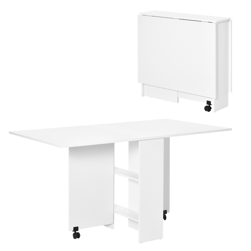 HOMCOM Mesa de Comedor Plegable Mesa de Madera con 2 Solapas 2 Estantes de Almacenaje y Ruedas para Cocina 80x140x74 cm Blanco
